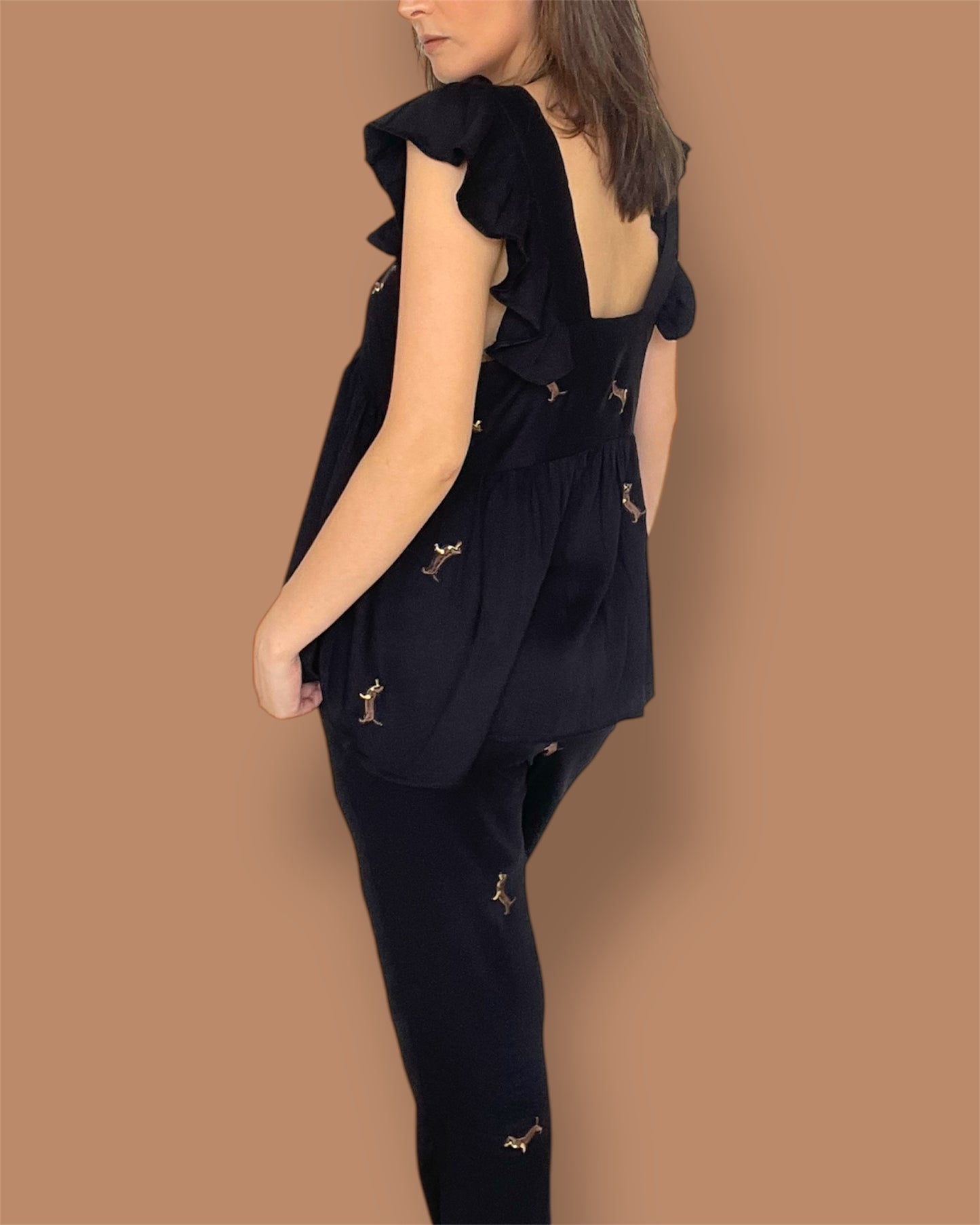 SET PJ PANTALON + BLUSA ARANDELA SALCHICHA NEGRO